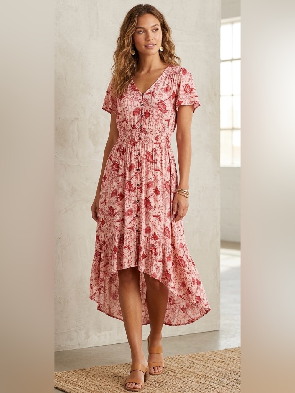 Knox Rose High Low Spring Dress V-neck flutter sleeves, tassel belt
